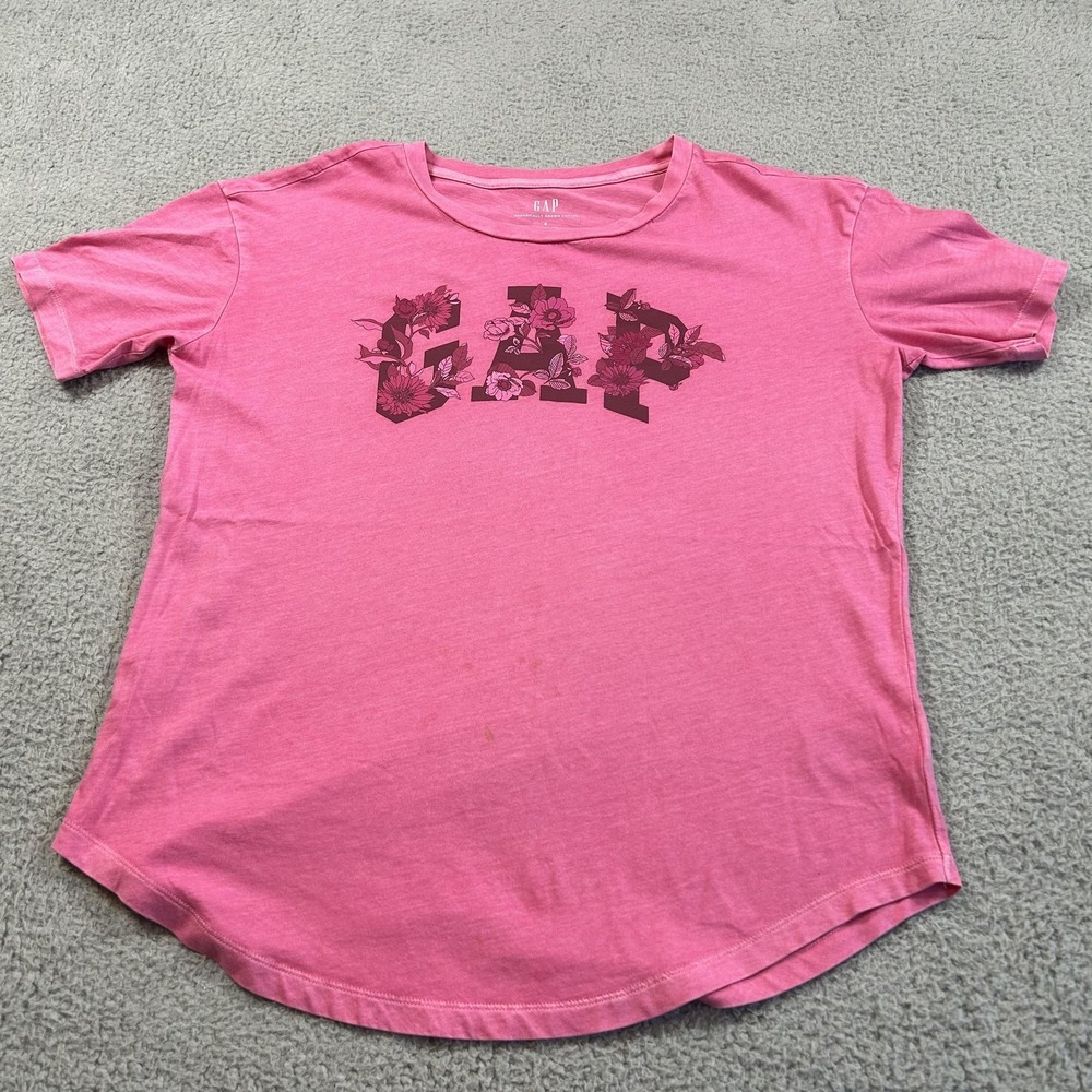 GAP Shirt Womens Small Pink Floral Logo Graphic Tee Organic Cotton Short Sleeve